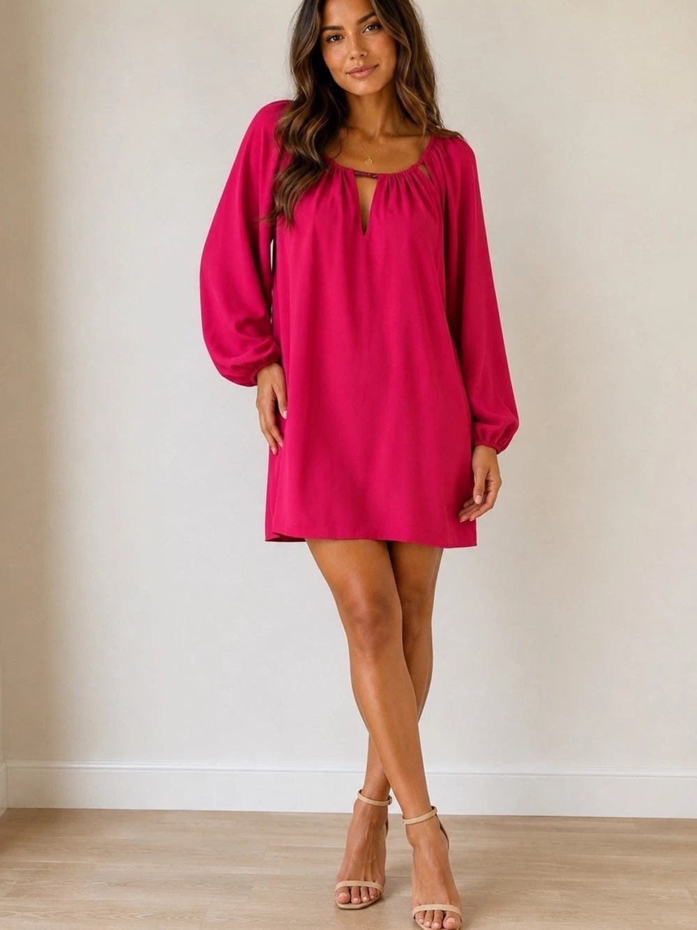 NWT Trina Turk S Magenta Pink Keyhole Beaded Bar Shift Dress Long Sleeve MINI